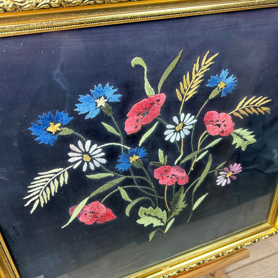 Colourful flowers on black background - Vintage Embroidery - Tapestry - Patchwork - Cotton work - Framed