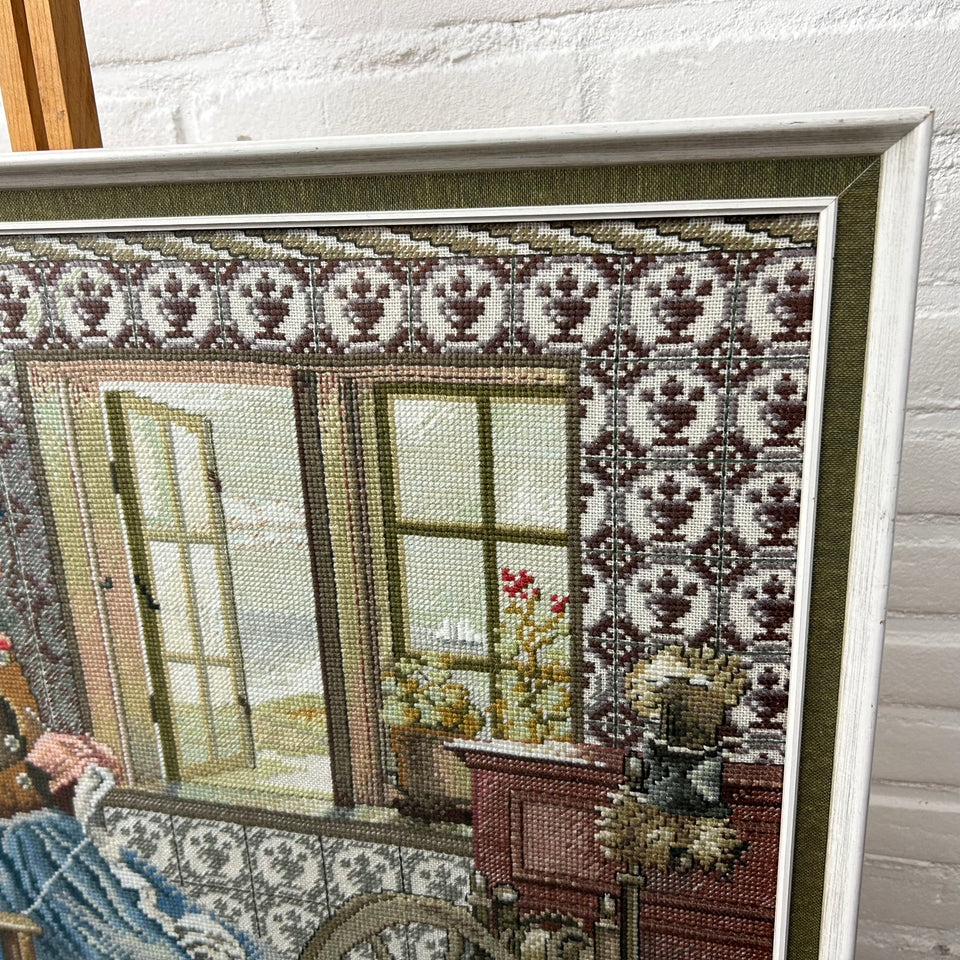 Woman knotting 19th century style - Vintage Embroidery - Tapestry - Patchwork - Cotton work - Framed