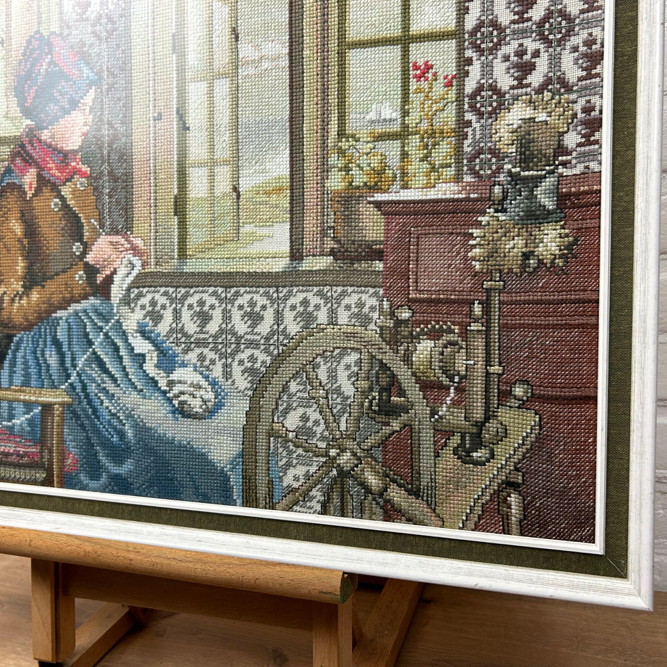 Woman knotting 19th century style - Vintage Embroidery - Tapestry - Patchwork - Cotton work - Framed