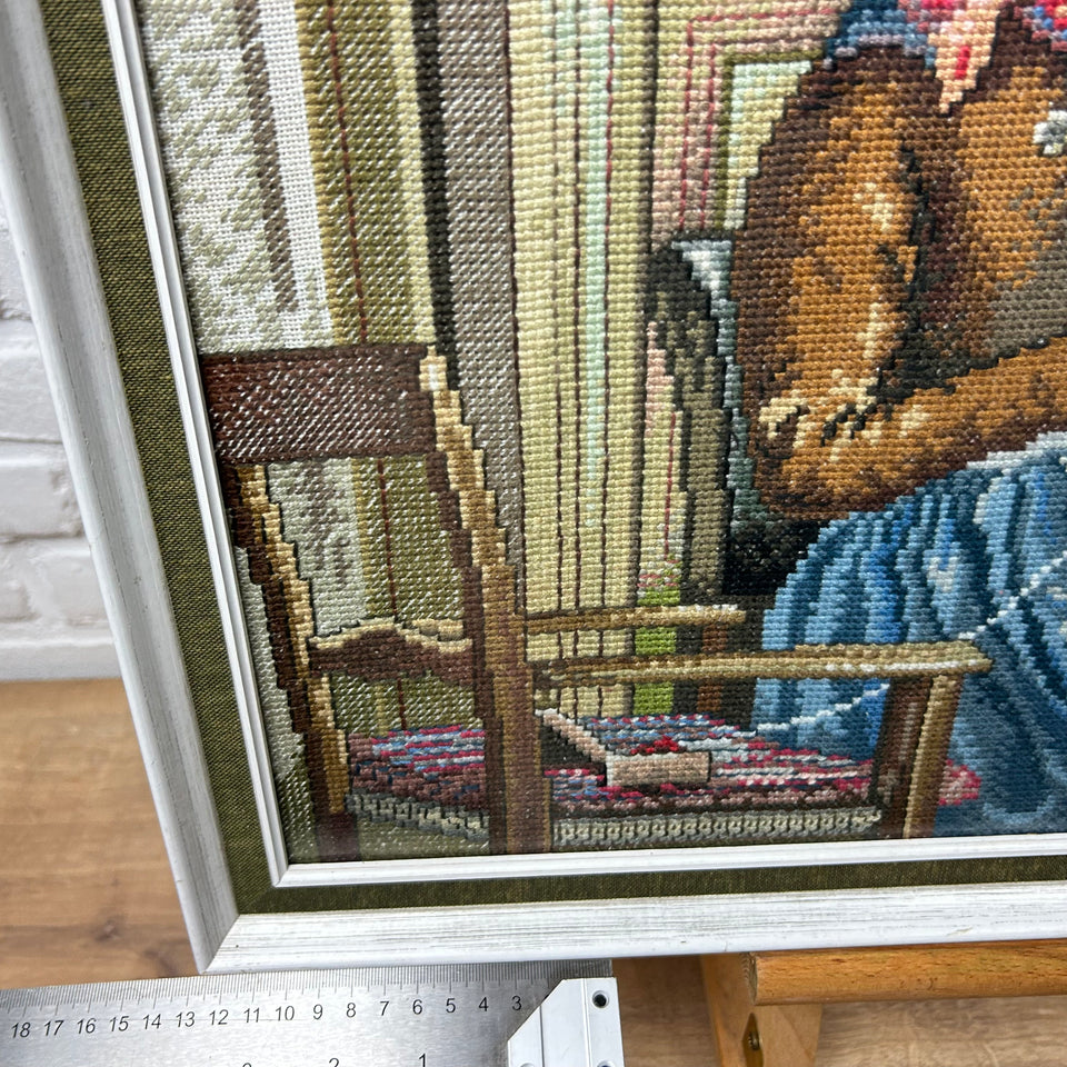 Woman knotting 19th century style - Vintage Embroidery - Tapestry - Patchwork - Cotton work - Framed