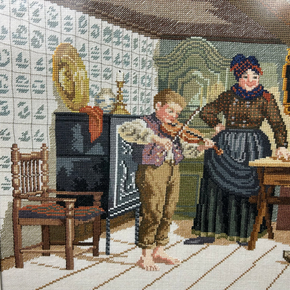 Boy playing violin for grandfather - Vintage Embroidery - Tapestry - Patchwork - Cotton work - Framed