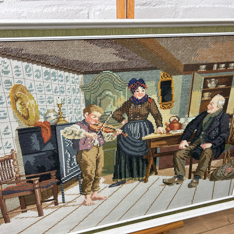 Boy playing violin for grandfather - Vintage Embroidery - Tapestry - Patchwork - Cotton work - Framed