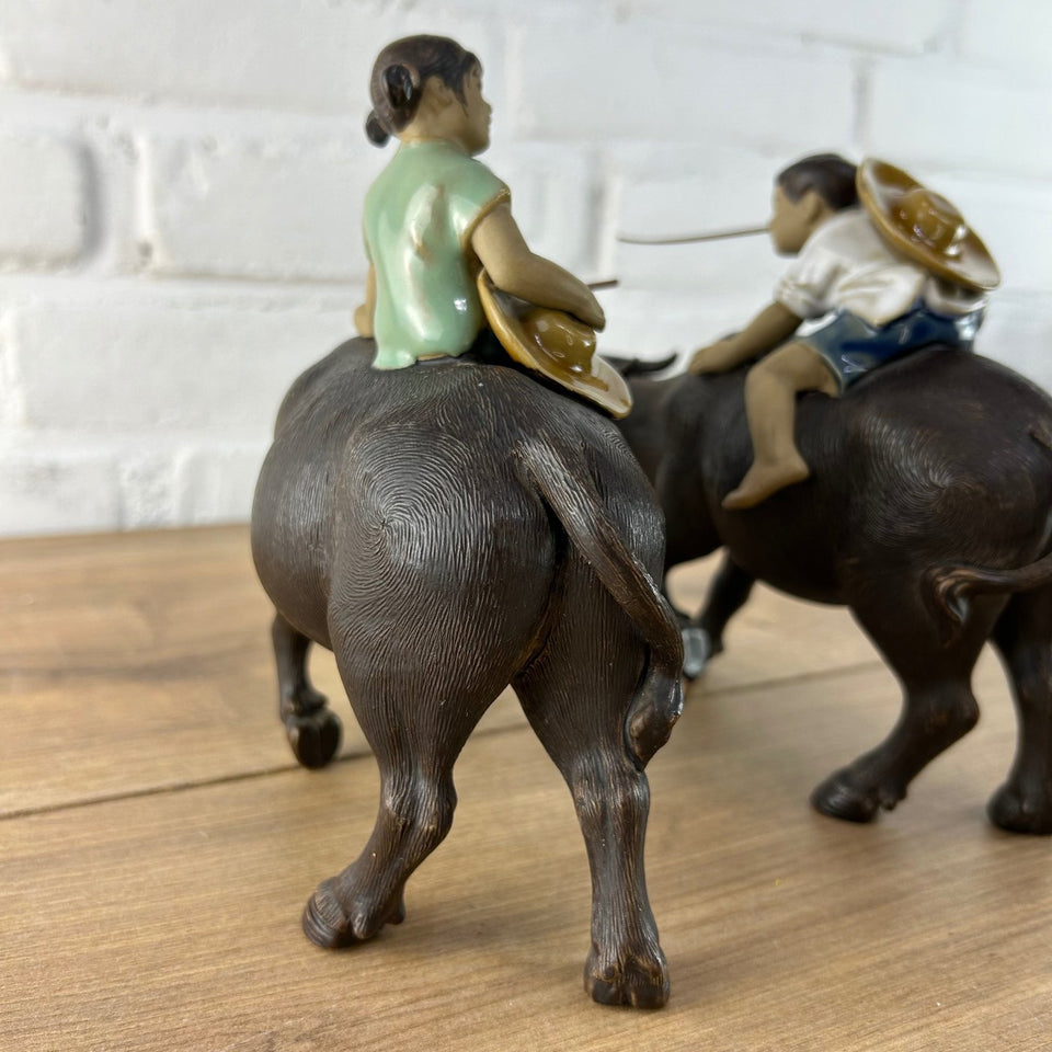 Shiwan Mudman Pottery Ceramic -  Boy and girl riding water buffalo's