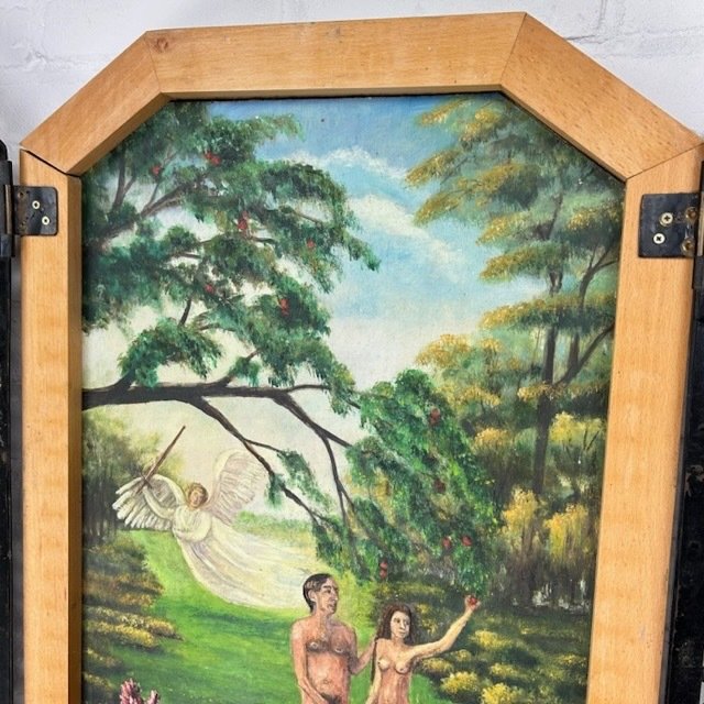 The Garden of Eden painting in unique frame with messing panel doors