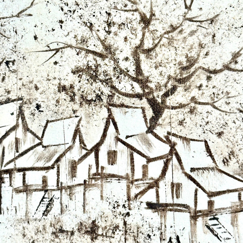 Ink painting of a Japanese village