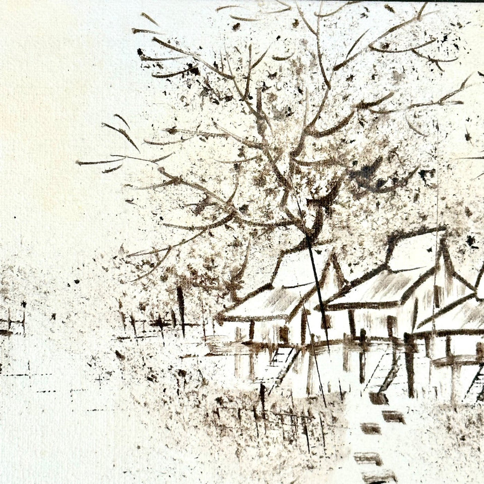 Ink painting of a Japanese village