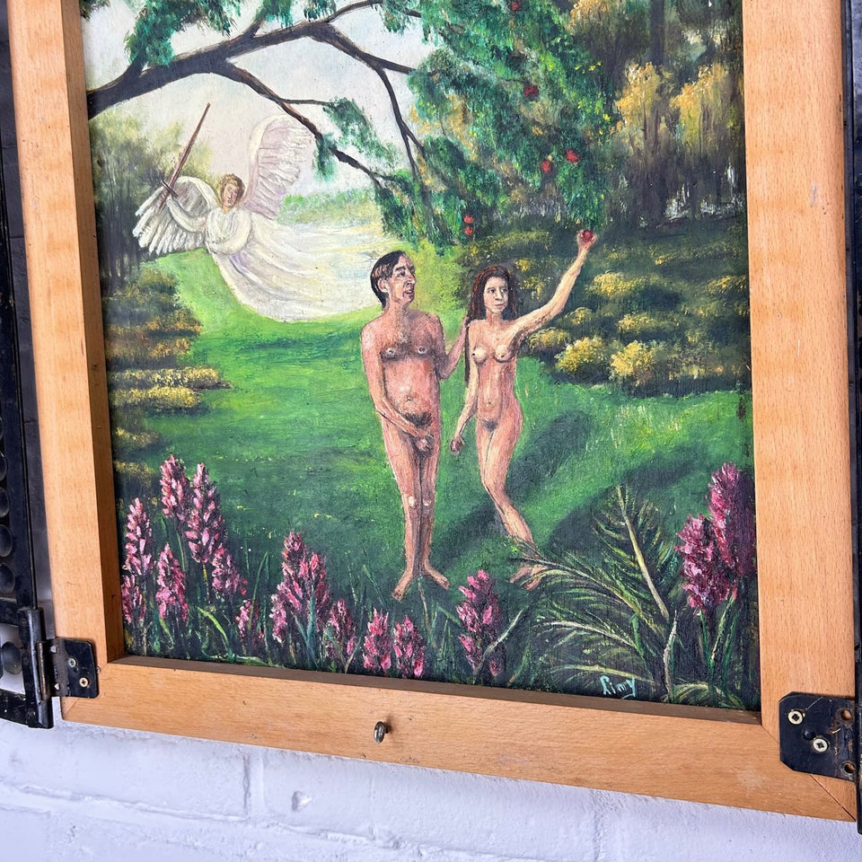 The Garden of Eden painting in unique frame with messing panel doors