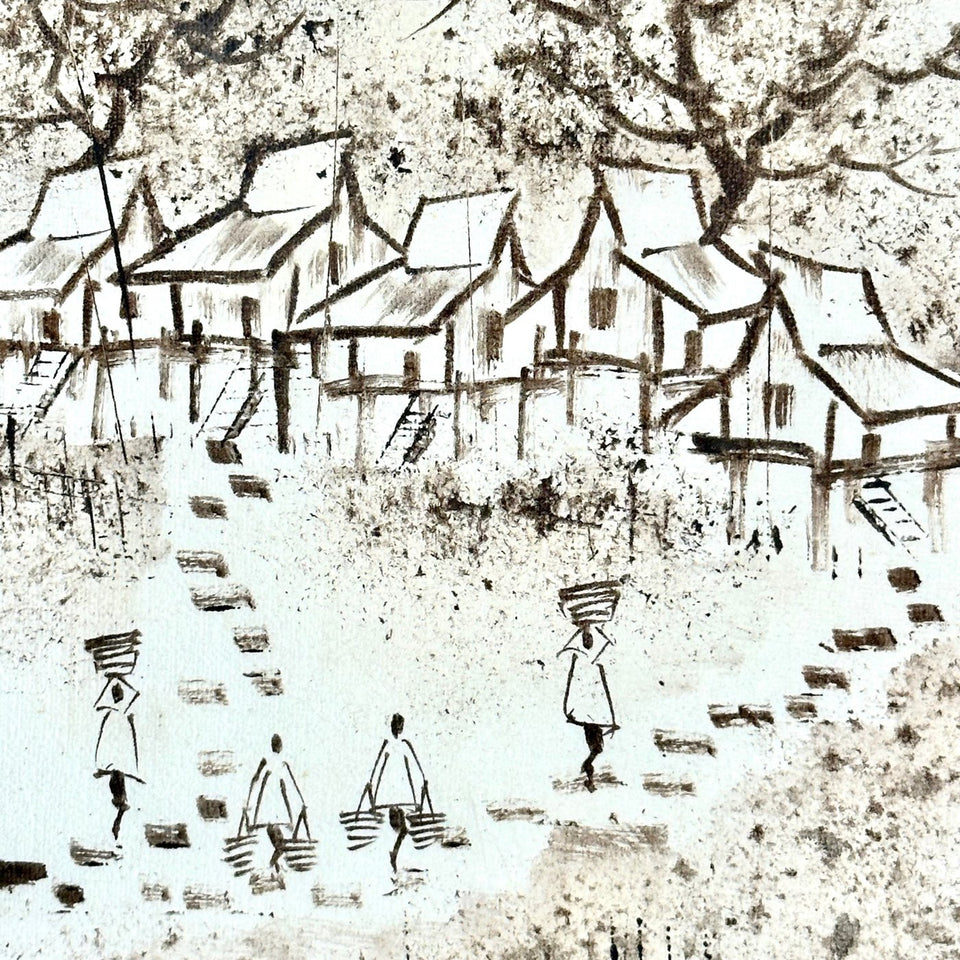 Ink painting of a Japanese village