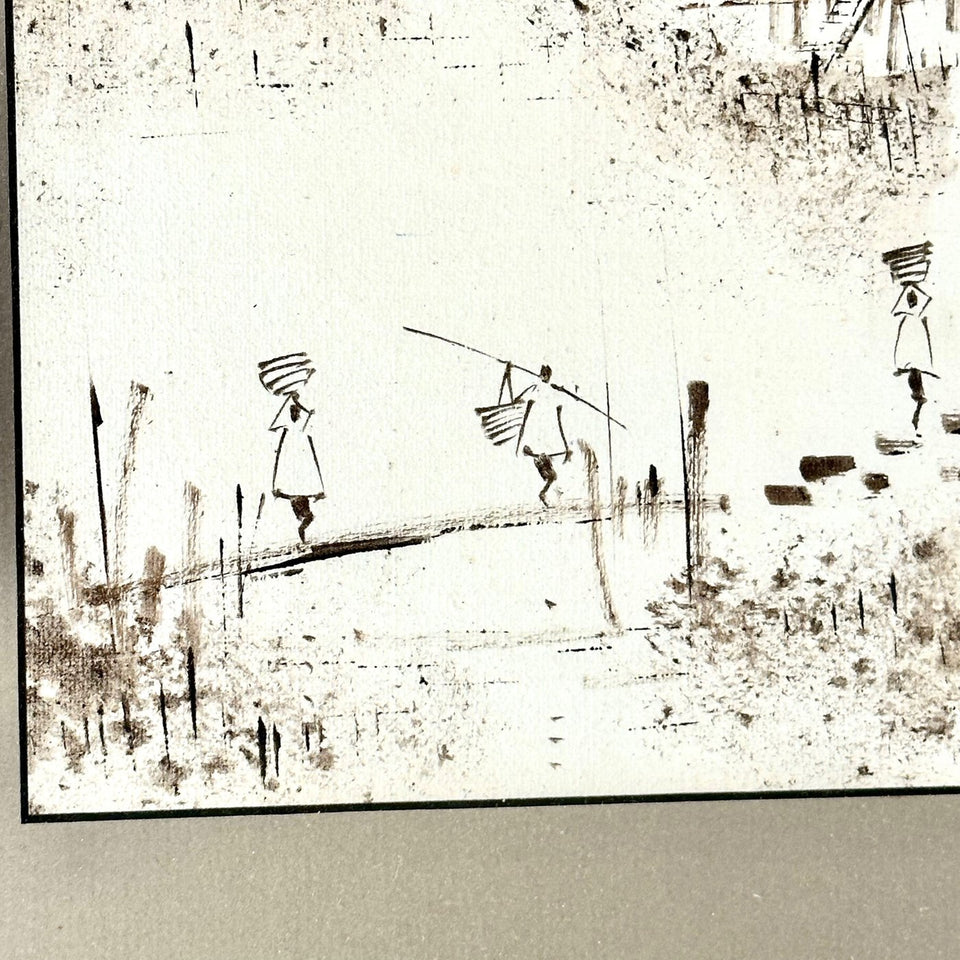 Ink painting of a Japanese village