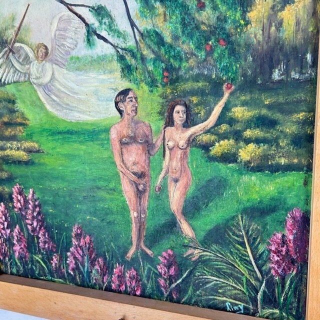 The Garden of Eden painting in unique frame with messing panel doors