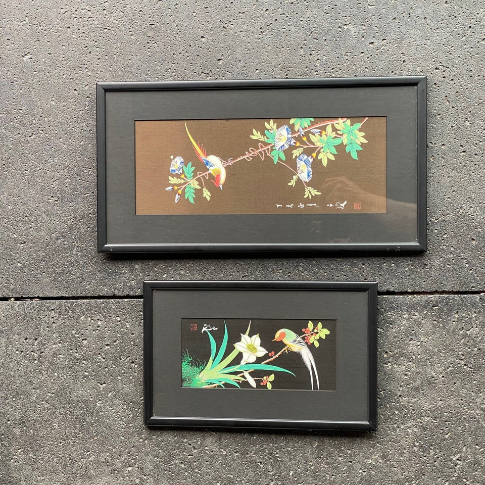 Two Chinese silk paintings flowers and birds - framed behind glass