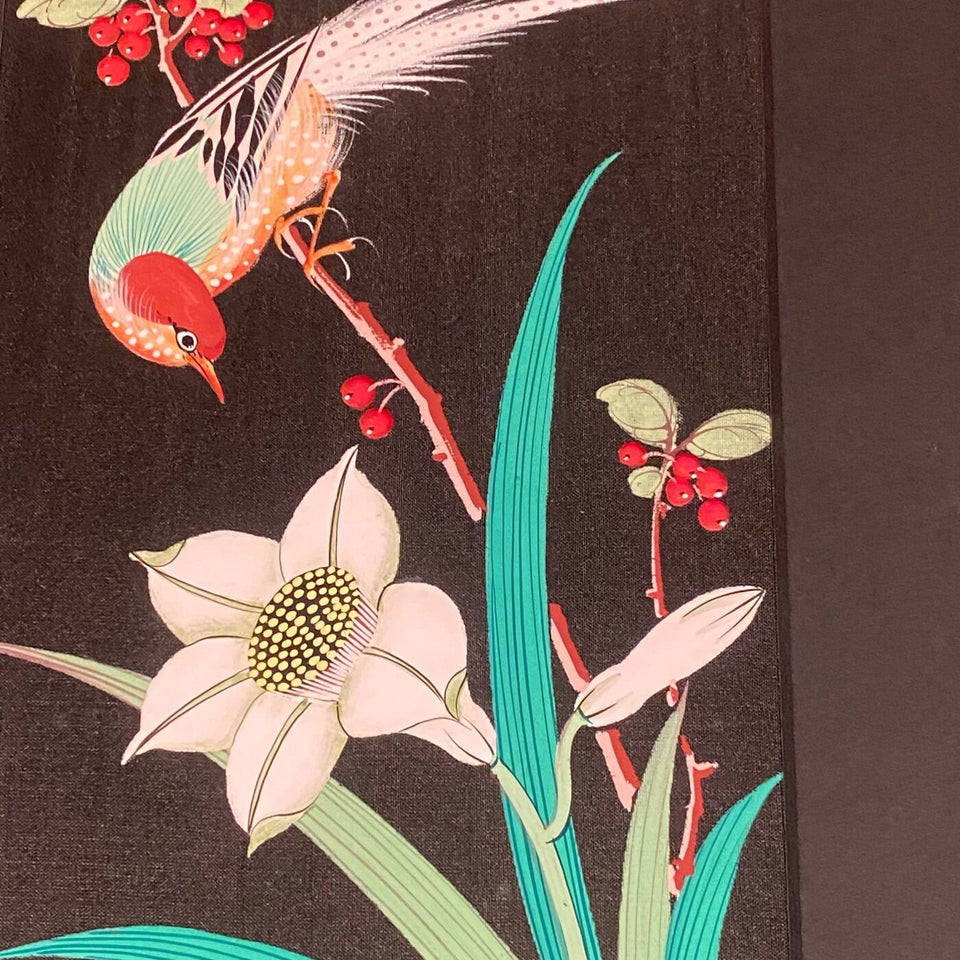 Two Chinese silk paintings flowers and birds - framed behind glass