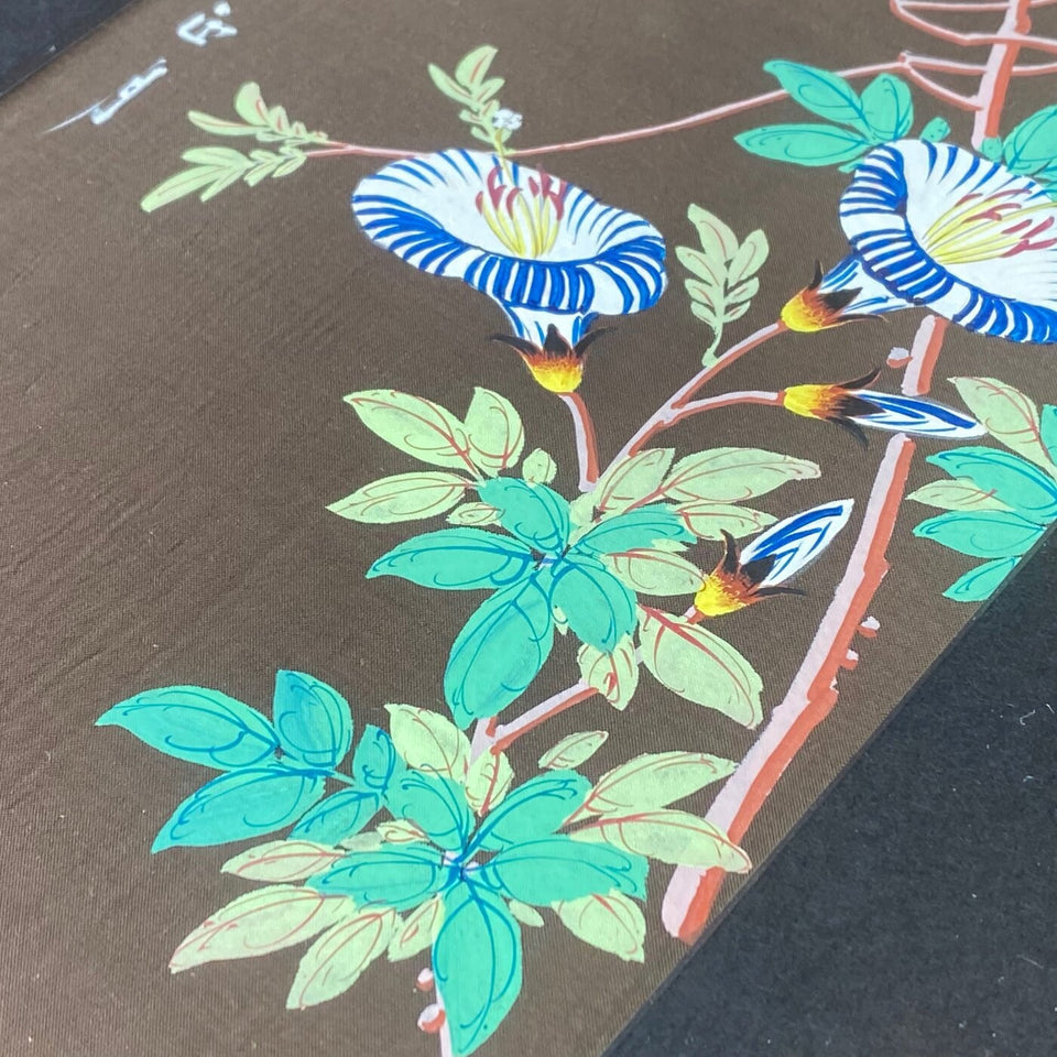 Two Chinese silk paintings flowers and birds - framed behind glass