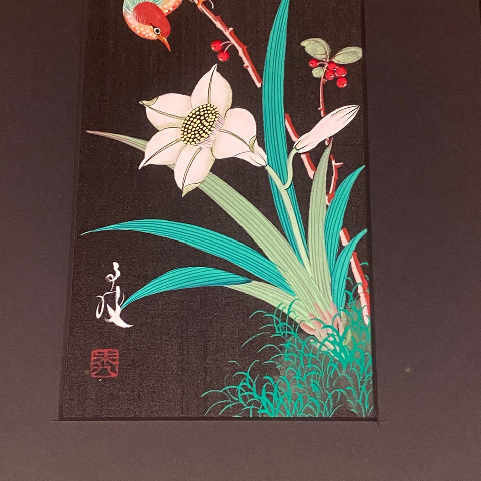 Two Chinese silk paintings flowers and birds - framed behind glass