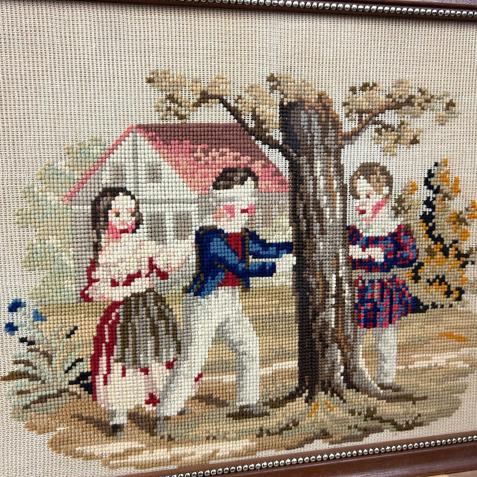 Children playing blindfold game - Embroidery - Cottonwork - Framed